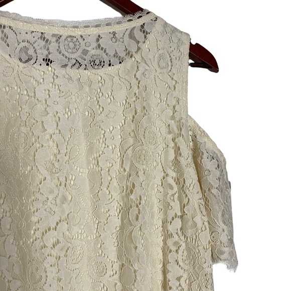 Isaac Mizrahi Live! Cream Short Sleeve Cold Shoulder Floral Lace Lined Top M - Picture 11 of 16